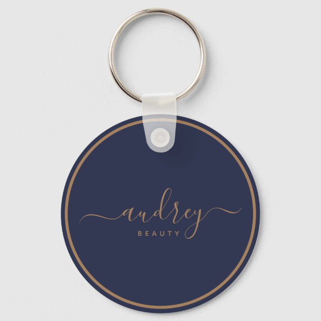 modern navy blue gold Signature Monogrammed Key Ring (Front)