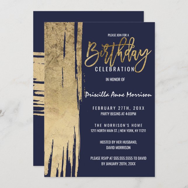 Modern Navy Blue Gold Simple Brushstrokes Birthday Invitation (Front/Back)