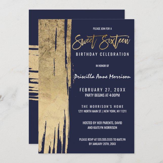 Modern Navy Blue Gold Simple Brushstrokes Sweet 16 Invitation (Front/Back)