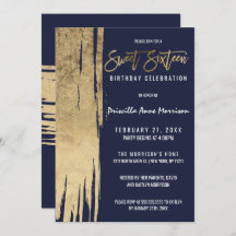 Modern Navy Blue Gold Simple Brushstrokes Sweet 16