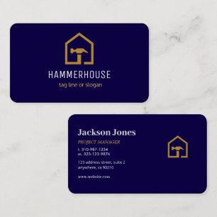 Modern Navy Blue & Golden Construction Building Business Card