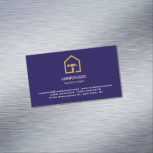 Modern Navy Blue & Golden Construction Building Magnetic Business Card