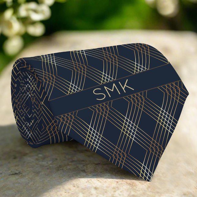 Modern Navy Blue Golden Rhombus Stripe Pattern Tie (Creator Uploaded)