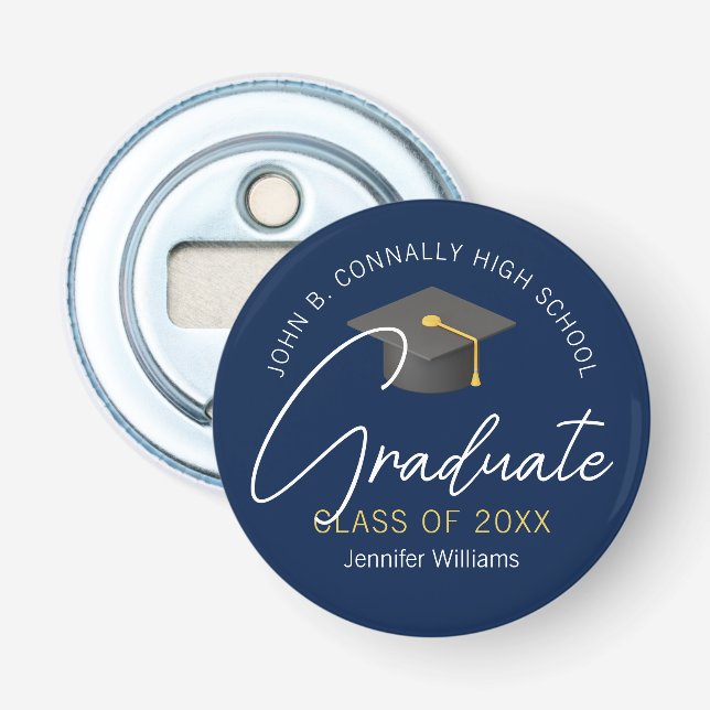 Modern Navy Blue Graduate Custom 2025 Graduation Bottle Opener (Front)