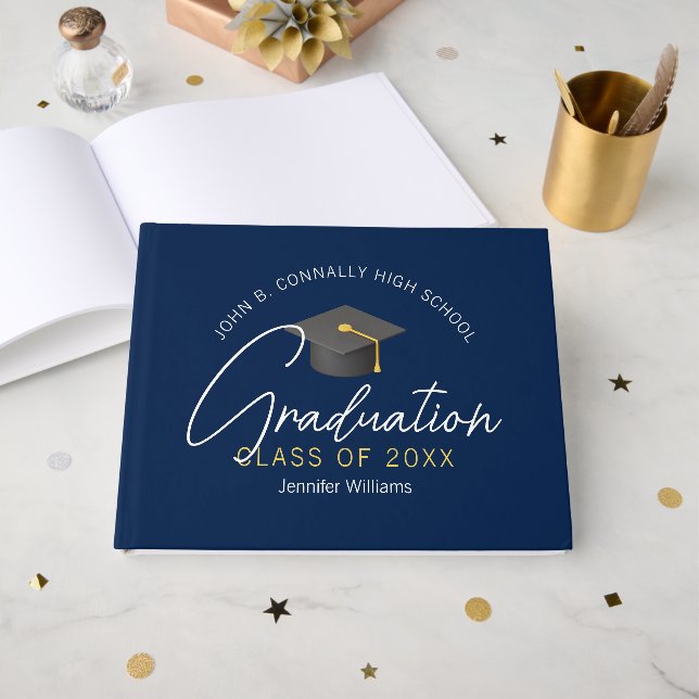 Modern Navy Blue Graduate Custom Graduation Party Guest Book (Front Open)