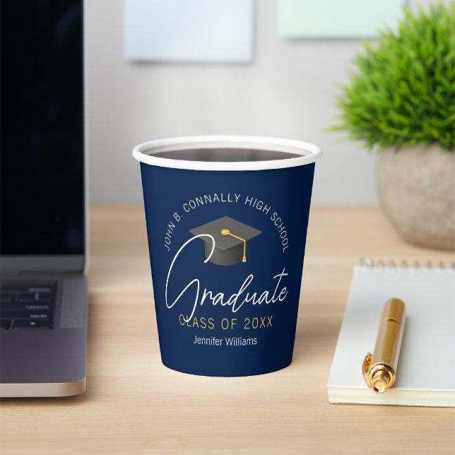Modern Navy Blue Graduate Custom Graduation Party Paper Cups (Insitu)