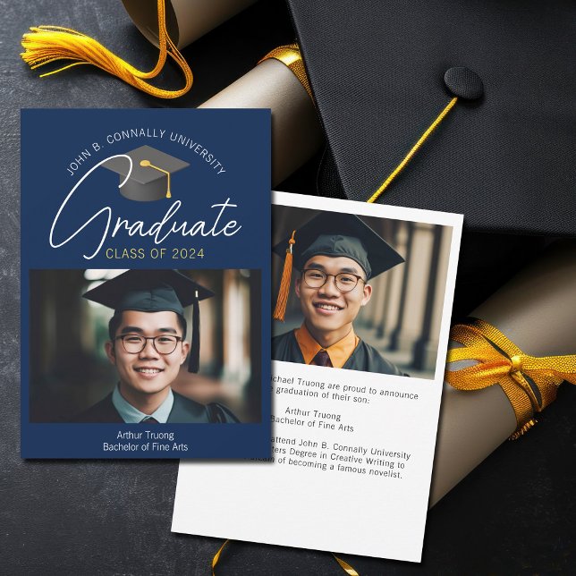 Modern Navy Blue Graduate Photo 2025 Graduation Announcement (Creator Uploaded)