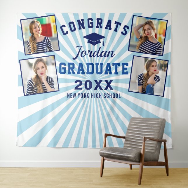 Modern Navy Blue Graduation 4 Photo Booth Backdrop Tapestry (In Situ (Horizontal))