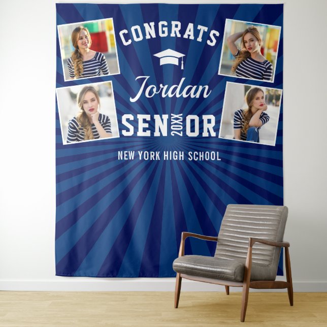 Modern Navy Blue Graduation 4 Photo Booth Backdrop Tapestry (In Situ)