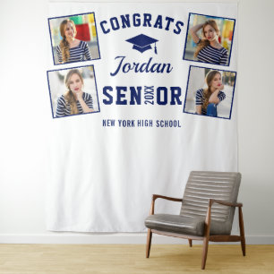 Modern Navy Blue Graduation 4 Photo Booth Backdrop Tapestry