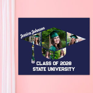 Modern Navy Blue Graduation Cap Photo Collage Poster