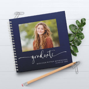 Modern Navy Blue Graduation Guest Book with Photo