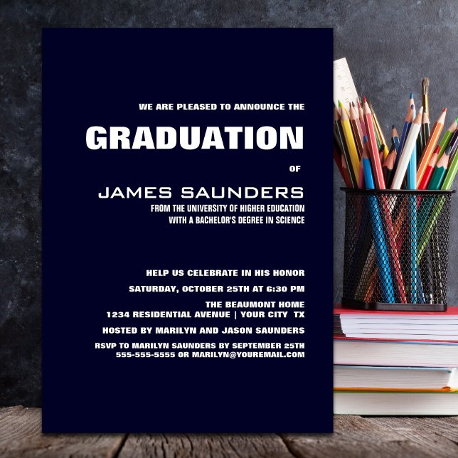 Modern Navy Blue Graduation Party Invitation (Creator Uploaded)