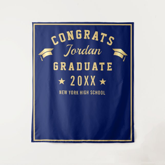Modern Navy Blue Graduation Photo Booth Backdrop Tapestry (Front)