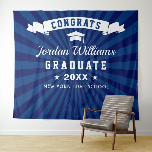 Modern Navy Blue Graduation Photo Booth Backdrop Tapestry (In Situ (Horizontal))