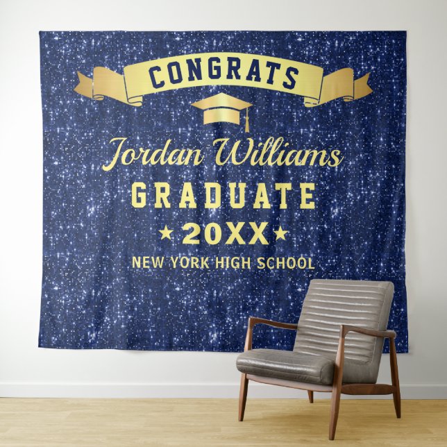 Modern Navy Blue Graduation Photo Booth Backdrop Tapestry (In Situ (Horizontal))