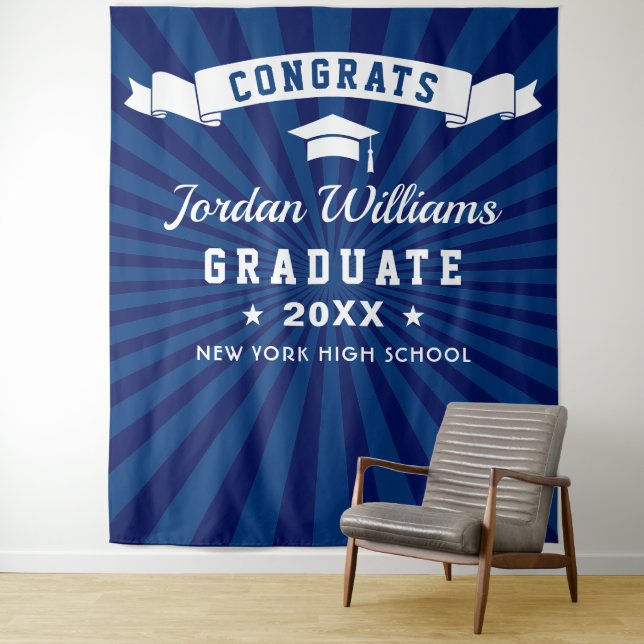Modern Navy Blue Graduation Photo Booth Backdrop Tapestry (In Situ)