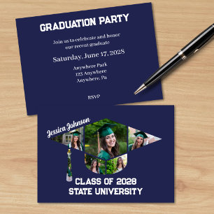 Modern Navy Blue Graduation Photo Collage Party Invitation