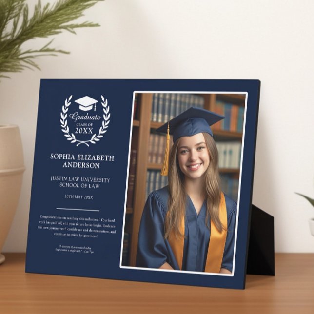 Modern Navy Blue Graduation Photo & Emblem Memory Plaque (Creator Uploaded)