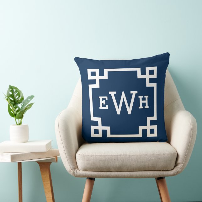 Modern Navy Blue Greek Key Custom Monogram Cushion (Chair)