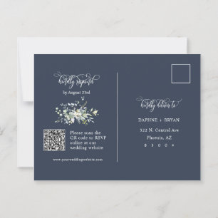 Modern Navy Blue Green Leaves QR Code Address RSVP Postcard