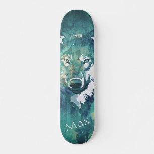Modern navy blue green watercolor wolf skateboard