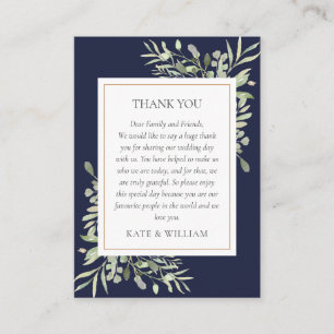 Modern Navy Blue Greenery Wedding Thank You Place Card