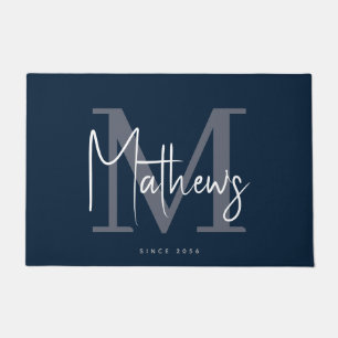 Modern Navy Blue Grey Monogram Family Name Doormat