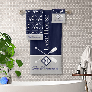 Modern Navy Blue Grey Monogram Lake House Nautical Bath Towel Set