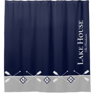 Modern Navy Blue Grey Monogram Lake House Nautical Shower Curtain