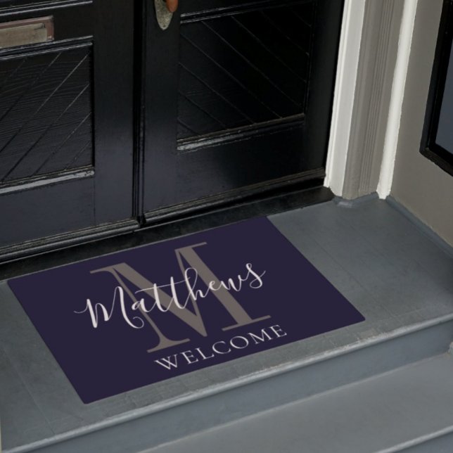 Modern Navy Blue Grey Monogram Newlyweds Wedding Doormat (Creator Uploaded)