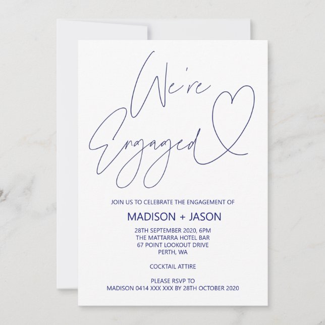 Modern Navy Blue Heart Engagement Party Invites (Front)