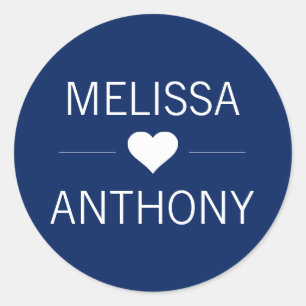 Modern Navy Blue Heart White Wedding Monogram Classic Round Sticker