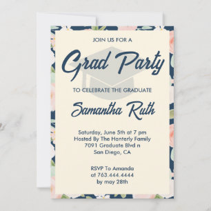 Modern Navy Blue Ivory Floral Photo Grad Party Invitation