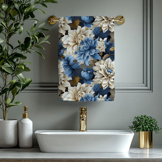 Modern Navy Blue Ivory Gold Floral Bath Towel