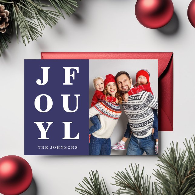 Modern Navy Blue Joyful One Photo Christmas Holiday Card (Modern Navy Blue Joyful One Photo Christmas Holiday Card)