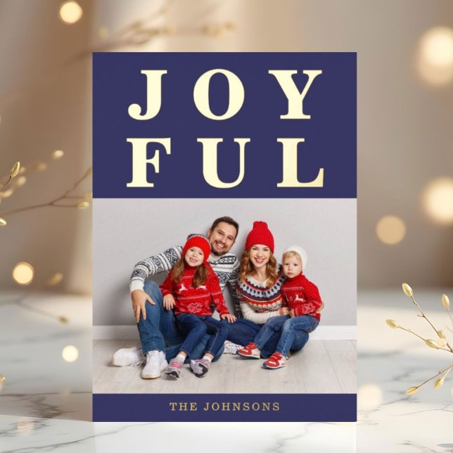 Modern Navy Blue Joyful Photo Christmas Gold (Modern Navy Blue Joyful Photo Christmas Gold Foil Holiday Card)