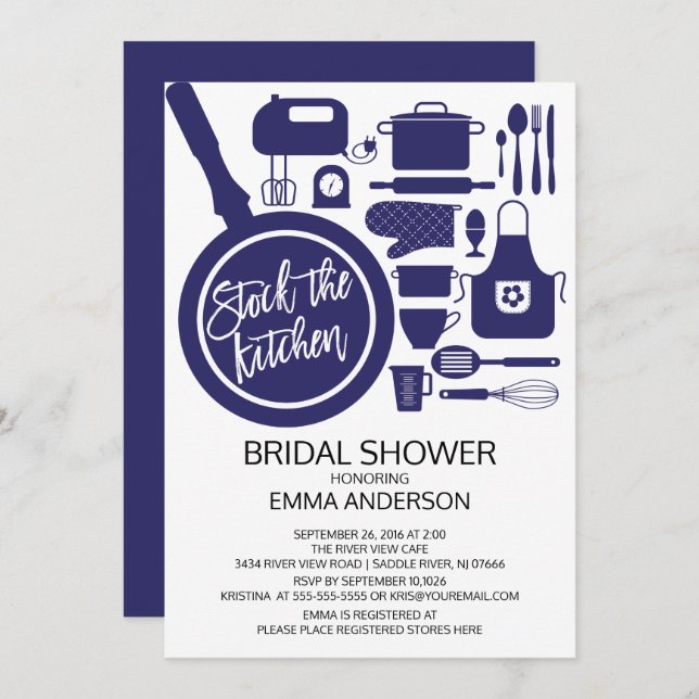 Modern Navy Blue Kitchen Bridal Shower Invitation (Front/Back)