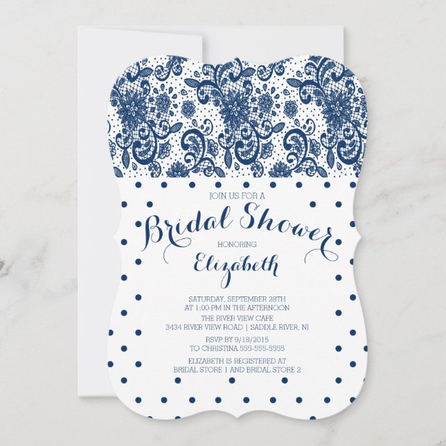 Modern Navy Blue Lace Bridal Shower Invitation (Front)