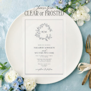 Modern Navy Blue Leafy Crest Monogram Wedding Acrylic Invitations
