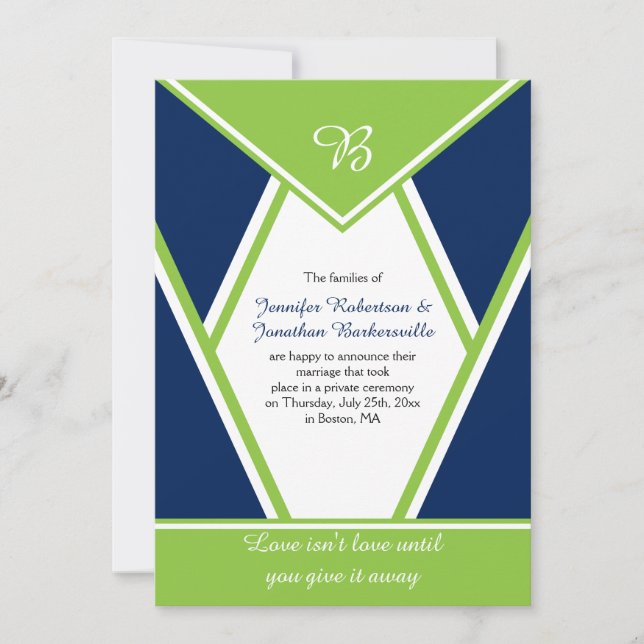 Modern Navy Blue Lime Green Post Wedding Invitation (Front)