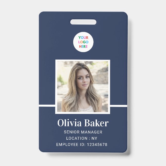 Modern Navy Blue  Logo Security Employee Photo ID Badge (Front)