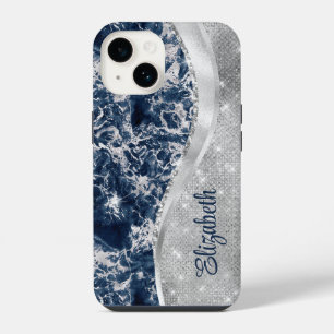 Modern Navy Blue Marble Silver Glitter Monogram iPhone 14 Case