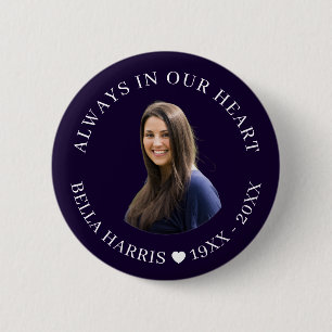 Modern Navy Blue Memorial Photo Tribute Design 6 Cm Round Badge