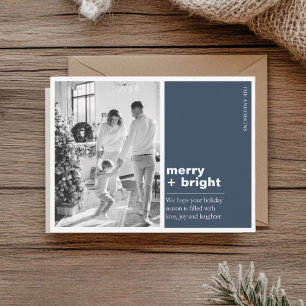 Modern Navy Blue Merry + Bright Christmas Photo  Postcard