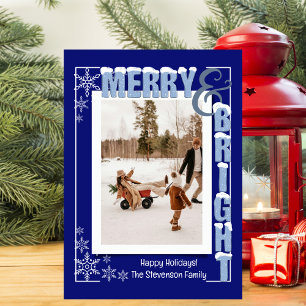 Modern Navy Blue Merry & Bright Retro Typography Holiday Card