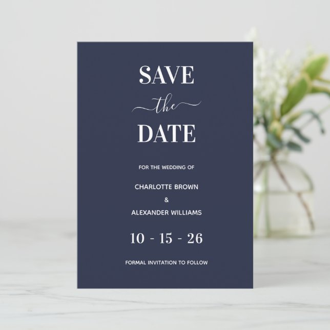 Modern Navy Blue Minimal Save The Date (Standing Front)