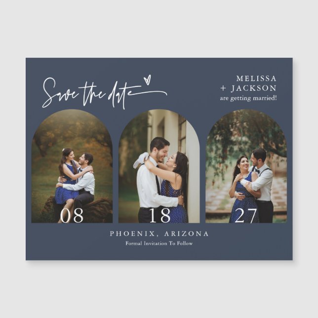 Modern Navy Blue Minimal Save the Date Arch Photo (Front)
