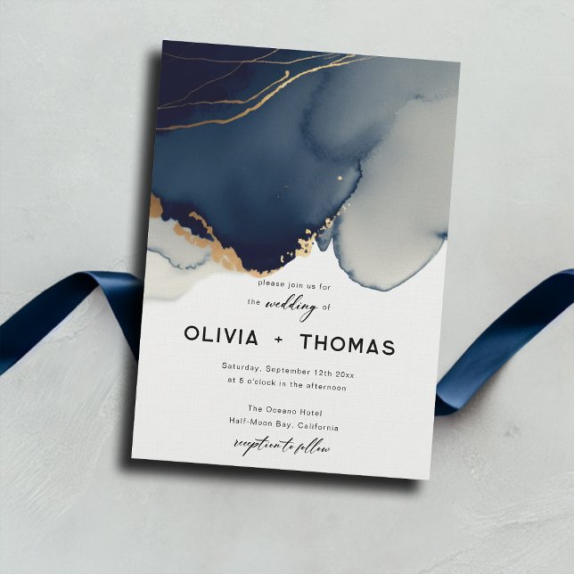 Modern Navy Blue Minimalist Elegant Chic Wedding Invitation (navy blue gold wedding invitation modern minimalist winter beach waves watercolor elegant bohemian)
