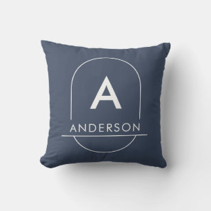 Modern Navy Blue Minimalist Family Name Monogram Cushion